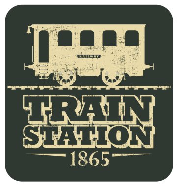 Vector retro logosu ya da amblemi üzerinde eski model tren vagonu çizimi var. Çizgi film tarzında ve tren istasyonunda..
