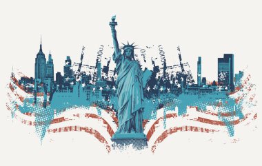 Özgürlük Anıtı, Amerikan bayrağı, şehir manzarası ve gökdelenleri olan vektör bayrağı. Grunge tarzında ABD illüstrasyonu. Tişört tasarımı, turist tabelası, turist kartpostalı. Yapay zeka değil