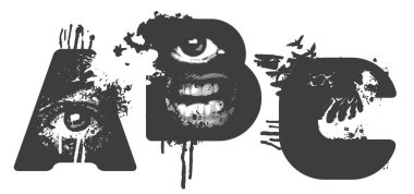 İnsan gözü, ağzı, çizgileri ve çizikleri olan kelime-imgeler için vektör yazı tipi. A, B, C harfleri. Tema korku, grunge ve kentsel. Kıyamet sonrası, yeraltında delilik hissi yaratıyor. Punk posterleri, korku çizgi romanları ve alternatif müzik için..