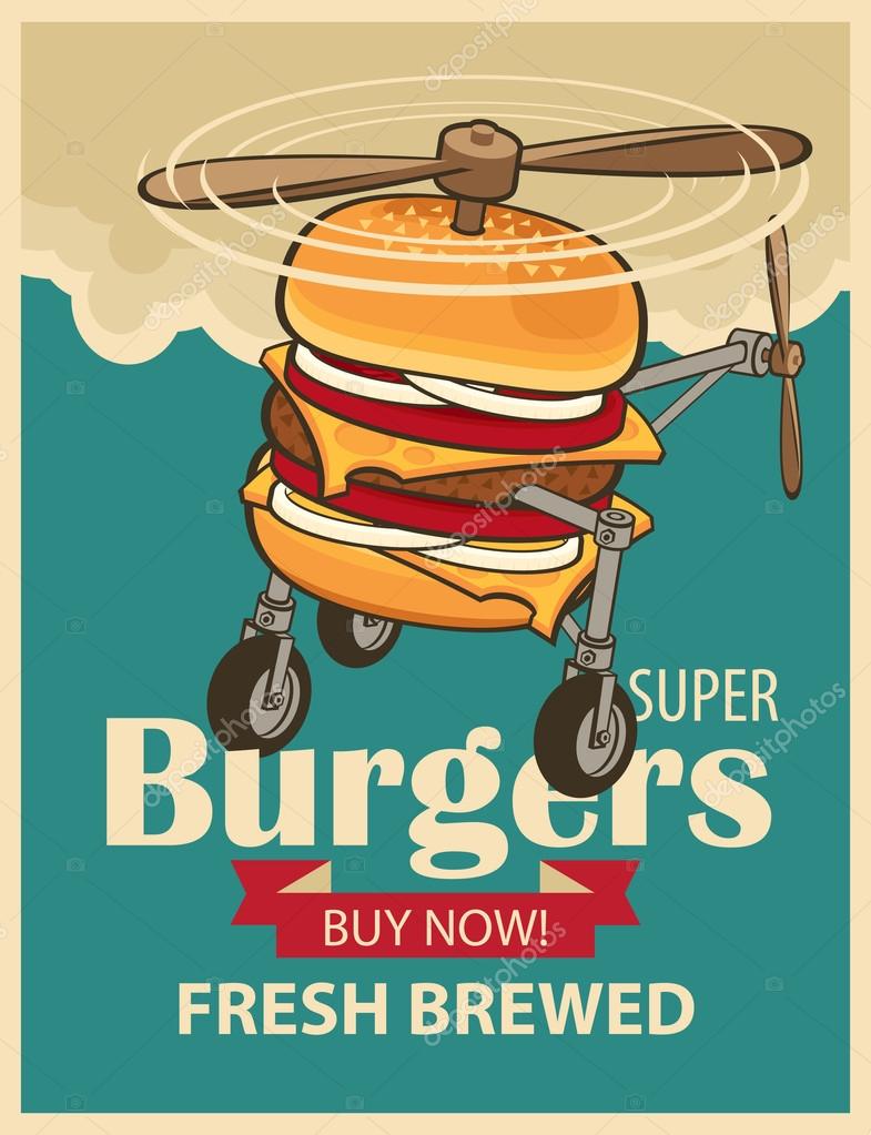 Super burger with wheels and a propeller like a helicopter