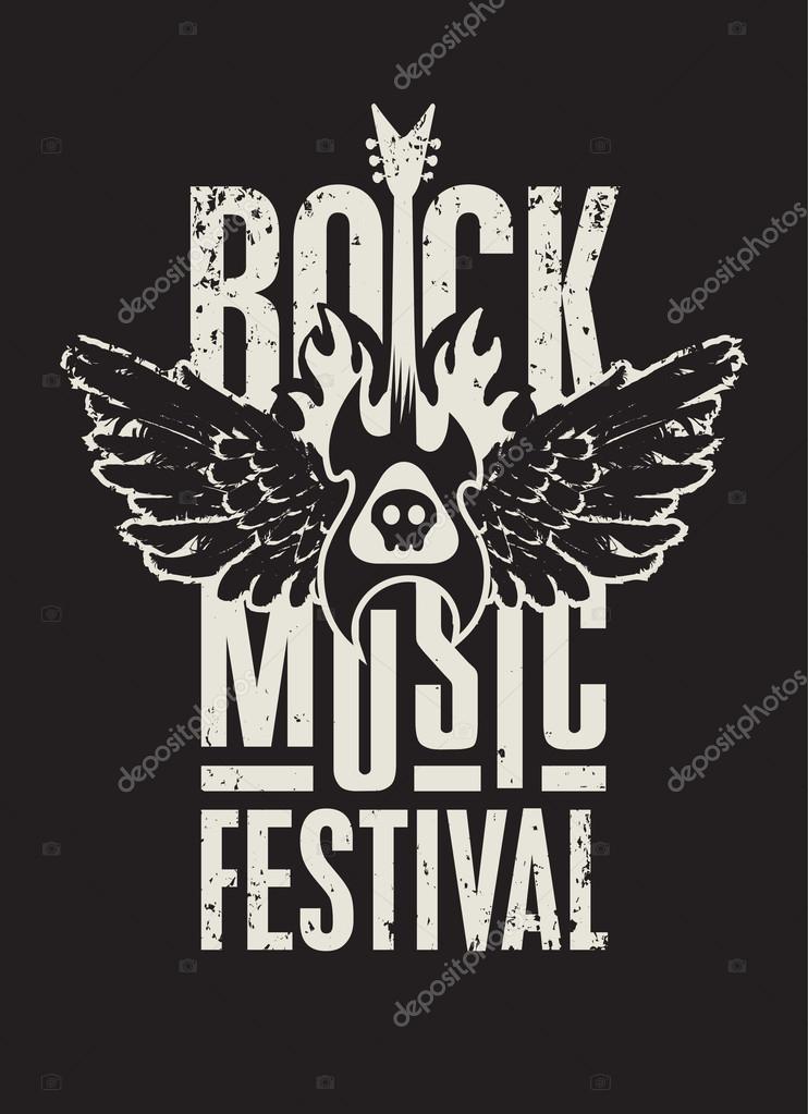 Poster for a rock music festival with  skull, guitar and wings