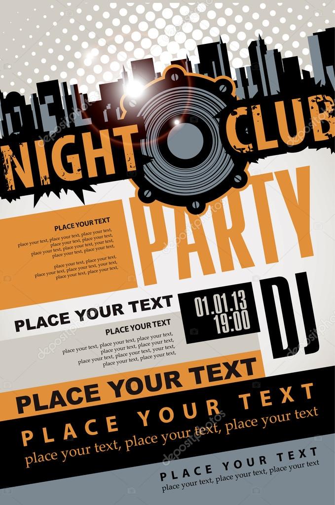 Playbill for the musical party in night club with speaker over modern city background