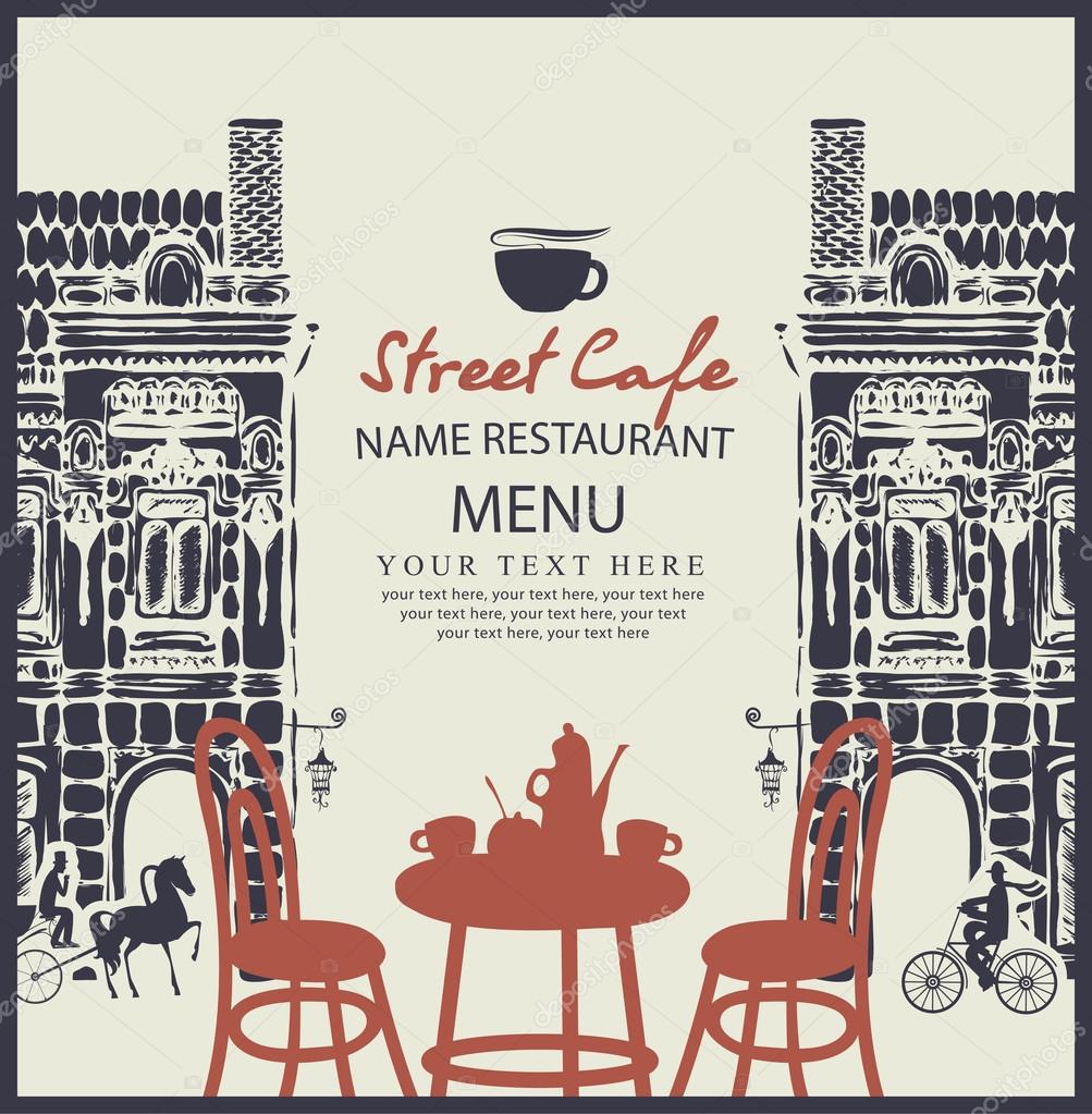 Menu for sidewalk street cafe with table and old architecture