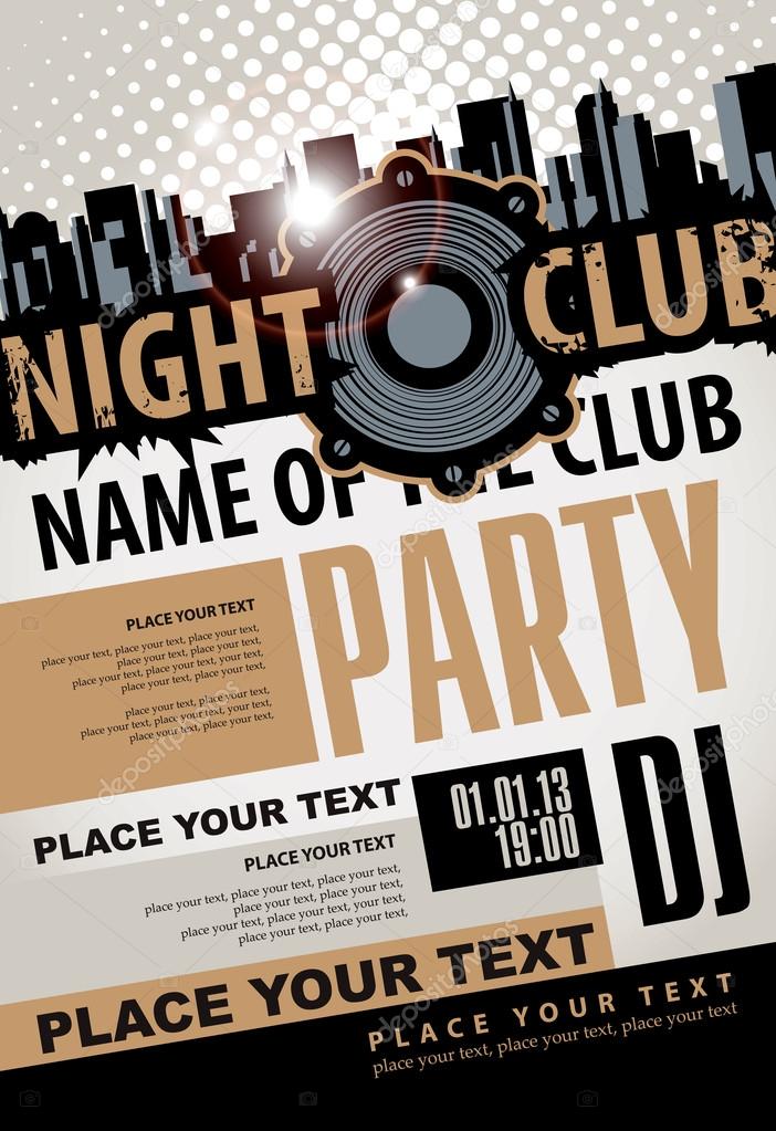 Playbill for the musical party in night club with speaker over modern city background