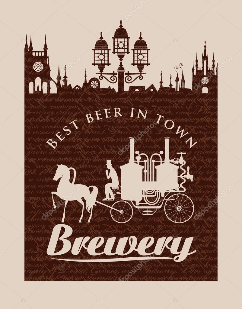 Vintage banner for the brewery with horse carriage in the old town