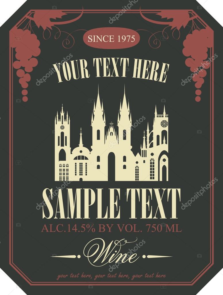Wine label with the old town and a bunch of grapes