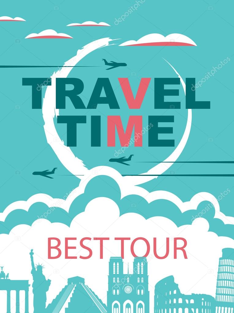 Banner for travel agencies with the architectural and historical sights of an airplane