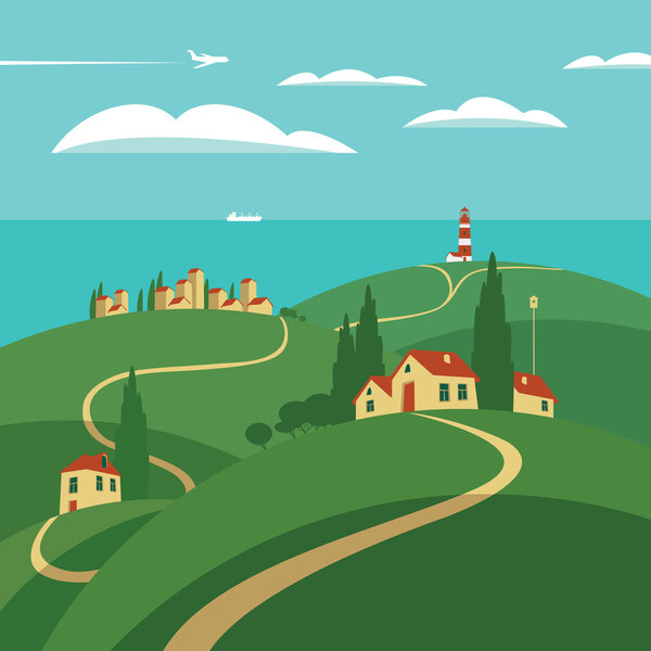 пейзаж с холмами и морем
