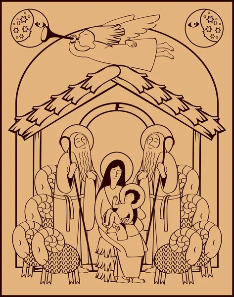 Sagrada Familia y Ángel de Navidad — Archivo Imágenes Vectoriales