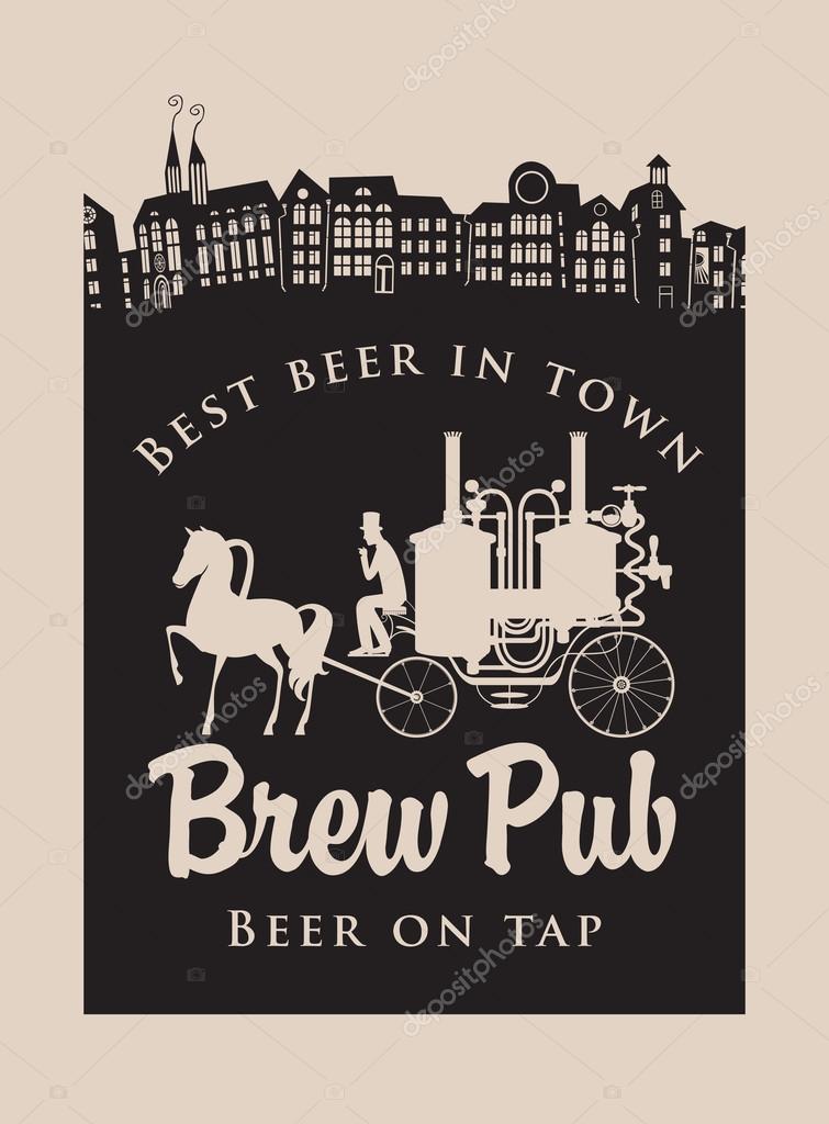 Vintage banner for the brewery with horse carriage in the old town