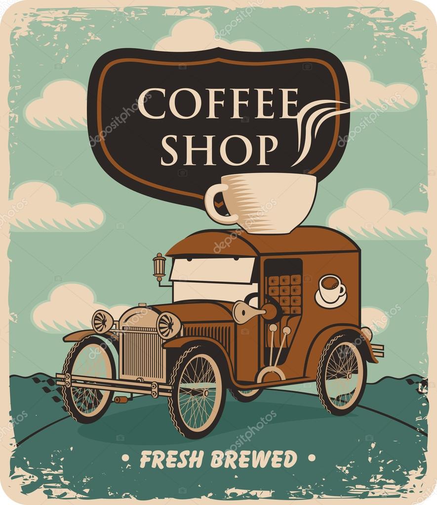 Retro banner with car and cup of coffee on roof