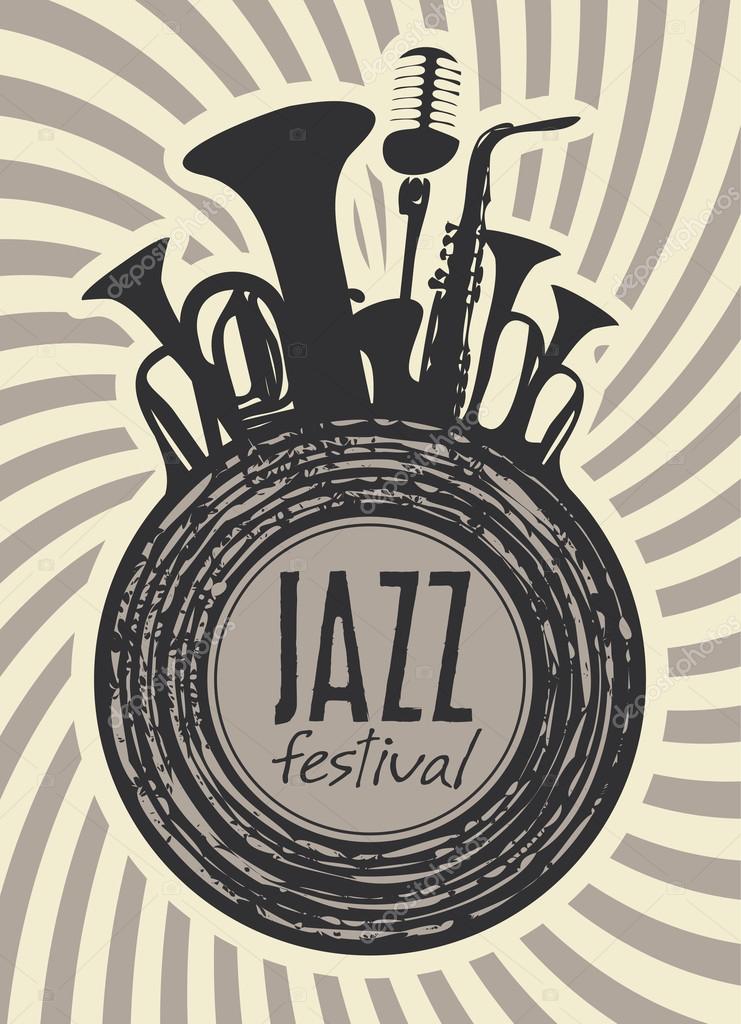 Banner for jazz festival with wind instruments and vinyl record