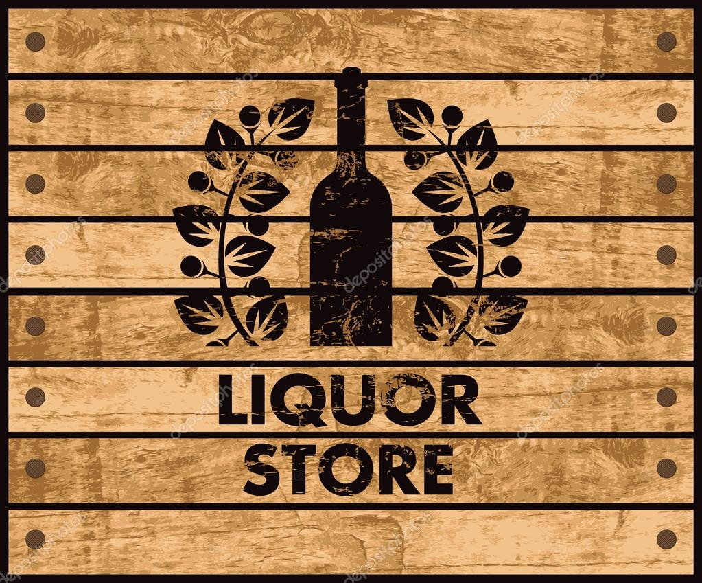 Wooden box with a picture of the bottle of wine and liquor store sign