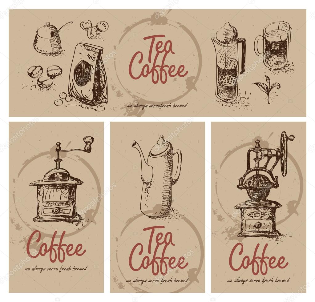 Set drawing utensils for drinking tea and coffee
