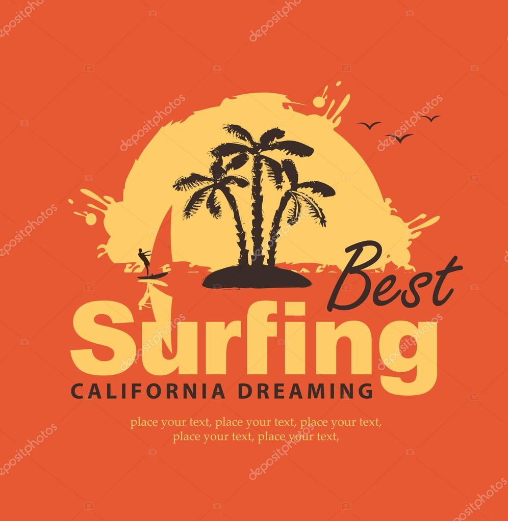 A banner with the inscription The best surfing in California with a wave and surfer