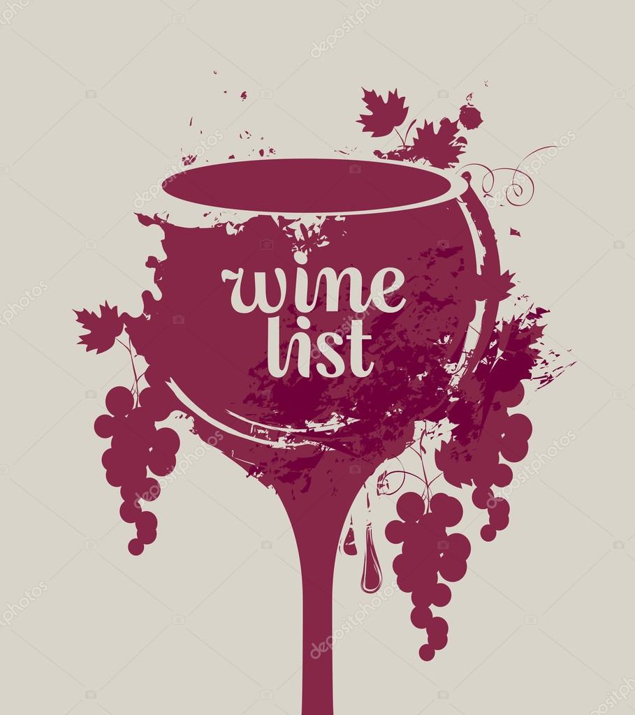 Vector banner glass of wine with grapes with spots and splashes of Wine list