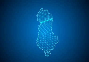 Parçacıkları ve çizgileri olan soyut bir albanya haritası. Çokgen ağ işi. Kablo çerçeveli peyzaj. Büyük Data. 3D fütüristik. Genel ağ bağlantısı.