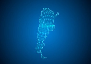 Noktaları ve çizgileri olan soyut dijital Arjantin haritası. Çokgen ağ işi. Kablo çerçeveli peyzaj. Büyük Data. 3D fütüristik. Genel ağ bağlantısı.