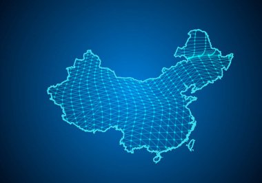 Noktalı ve çizgili Çin porselenlerinin soyut dijital haritası. Çokgen ağ işi. Kablo çerçeveli peyzaj. Büyük Data. 3D fütüristik. Genel ağ bağlantısı.