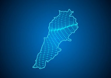 Noktalı ve çizgili Lübnan 'ın soyut dijital haritası. Çokgen ağ işi. Kablo çerçeveli peyzaj. Büyük Data. 3D fütüristik. Genel ağ bağlantısı.