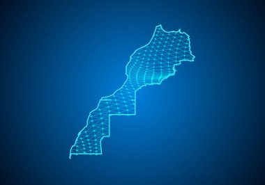 Fas Batı Sahra 'sının parçacıkları ve çizgileri olan soyut dijital haritası. Çokgen ağ işi. Kablo çerçeveli peyzaj. Büyük Data. 3D fütüristik. Genel ağ bağlantısı.