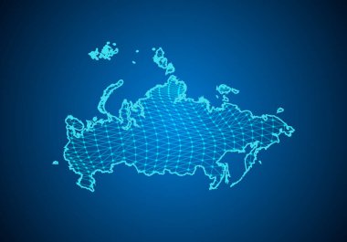 Rusya 'nın parçacıkları ve çizgileri olan soyut dijital haritası. Çokgen ağ işi. Kablo çerçeveli peyzaj. Büyük Data. 3D fütüristik. Genel ağ bağlantısı.
