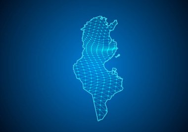 Noktalı ve çizgili tunisianın soyut dijital haritası. Çokgen ağ işi. Kablo çerçeveli peyzaj. Büyük Data. 3D fütüristik. Genel ağ bağlantısı.
