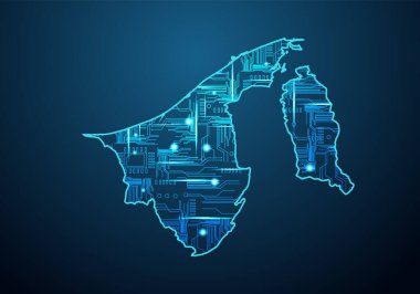Brunei Darussalam 'ın soyut fütüristik haritası. Bölgenin devre kurulu elektrik tasarımı. Teknoloji geçmişi. Haritayla karıştırılmış çizgi ve nokta ölçekleri.