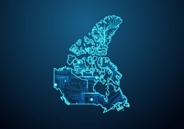 Kanada 'nın soyut fütüristik haritası. Bölgenin devre tahtası elektrik tasarımı. Teknoloji geçmişi. Haritayla karıştırılmış çizgi ve nokta ölçekleri.