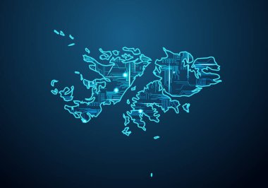 Falkland Adaları 'nın soyut fütüristik haritası. Bölgenin devre kartı elektrik tasarımı. Teknoloji geçmişi. Haritayla karıştırılmış çizgi ve nokta ölçekleri.