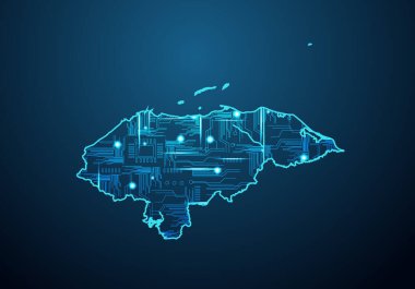 Honduras 'ın soyut fütüristik haritası. Bölgenin devre kurulu elektrik tasarımı. Teknoloji geçmişi. Haritayla karıştırılmış çizgi ve nokta ölçekleri.