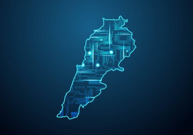 Lübnan 'ın soyut gelecek haritası. Bölgenin Devre Tasarımı Elektriği. Teknoloji geçmişi. Haritayla karıştırılmış çizgi ve nokta ölçekleri.