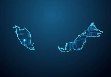 Malezya 'nın soyut geleceksel haritası. Bölgenin Devre Tasarımı Elektriği. Teknoloji geçmişi. Haritayla karıştırılmış çizgi ve nokta ölçekleri.