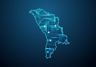 Moldova 'nın soyut geleceksel haritası. Bölgenin Devre Tasarımı Elektriği. Teknoloji geçmişi. Haritayla karıştırılmış çizgi ve nokta ölçekleri.