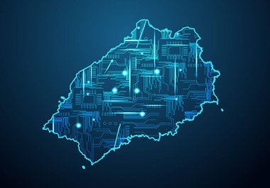 Saint Helena 'nın soyut gelecek haritası. Bölgenin Devre Tasarımı Elektriği. Teknoloji geçmişi. Haritayla karıştırılmış çizgi ve nokta ölçekleri.