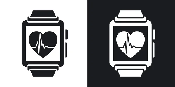 Glowing neon Smart watch showing heart beat rate icon isolated on blue  background. Fitness App concept. Vector Stock Vector