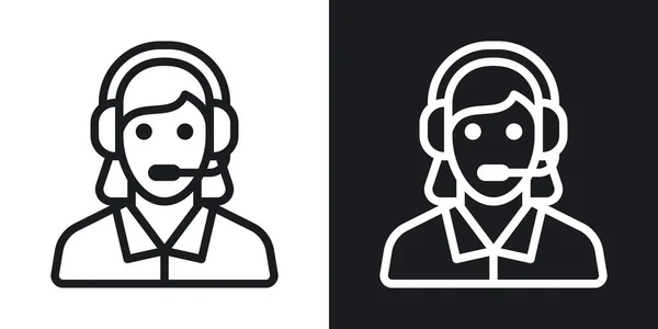 Soporte técnico, atención al cliente o icono de atención al cliente. Concepto de centro de llamadas. Mujer con auriculares responde a las solicitudes de los clientes. Simple vector bicolor sobre fondo blanco y negro — Archivo Imágenes Vectoriales