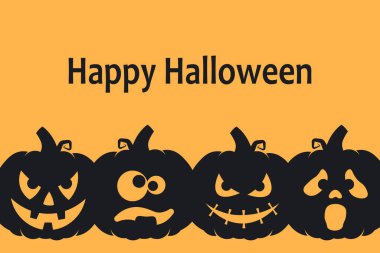 Çılgın, ürkütücü ve komik balkabaklarıyla Cadılar Bayramı 'nın arka plan tasarımınız kutlu olsun. Vektör illüstrasyonu