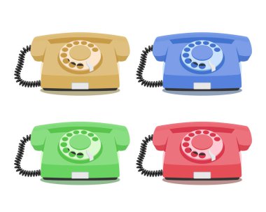 Farklı renklerde eski döndürme telefon simgeleri. Antika telefon hattı, retro telefon. Beyaz arkaplanda vektör illüstrasyonu