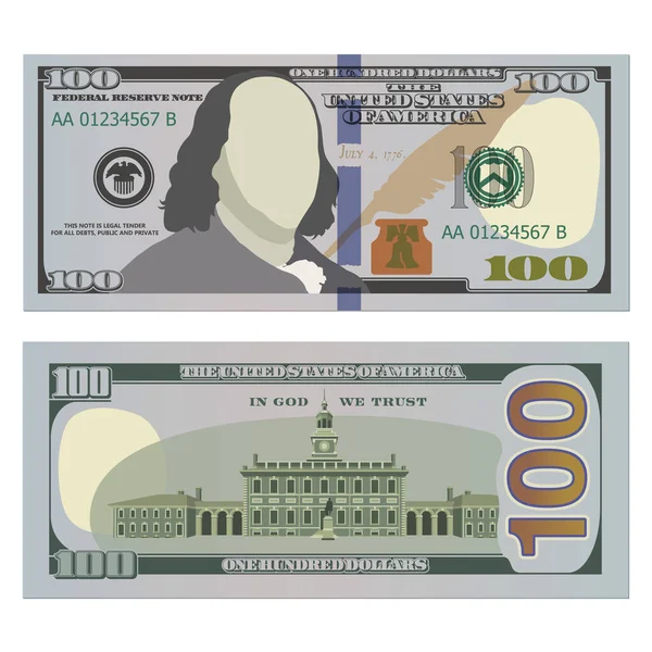 百元钞票两边都有新设计100美元钞票，从正面和反面。在白色背景下孤立的美元的矢量说明 — 图库矢量图片