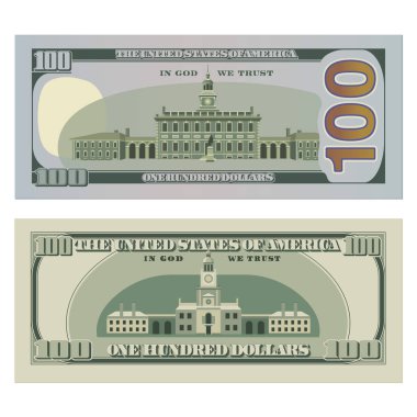 Yüz dolarlık banknotlar, yeni ve eski tasarımlar, ters taraftan. 100 Amerikan doları banknotları. Beyaz arkaplanda USD 'nin vektör illüstrasyonu izole edildi