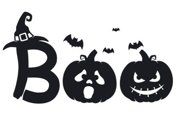 Balkabaklı, yarasalı ve cadı şapkalı bir cadılar bayramı silueti. Beyaz arkaplanda izole edilmiş temiz vektör yolları