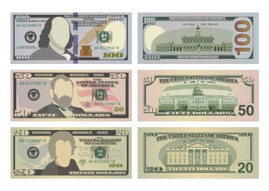 Yeni tasarımda yüz dolar, elli dolar ve yirmi dolarlık banknotlar. 100, 50 ve 20 Amerikan doları ön ve arka taraftan. USD 'nin vektör çizimi beyaza izole edildi