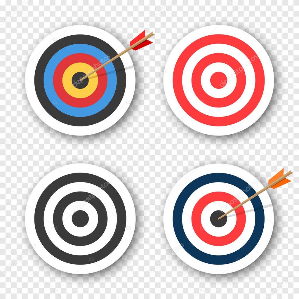 Set of archery targets with soft shadow on transparent background. Vector illustration