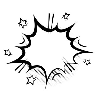 Yarım ton arkaplanda çizgi film patlaması ve metin için fotokopi alanı. Pop sanat tasarımı, siyah beyaz versiyonu