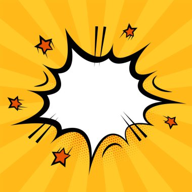 Yarım ton arkaplanda güneş ışınları ve metin için kopyalama alanı olan çizgi film patlaması. Pop sanat tasarımı, vektör çizimi