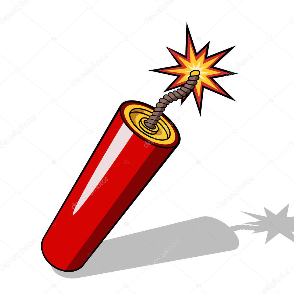 Red dynamite stick icon with burning wick and shadow isolated on white background. Vector illustration