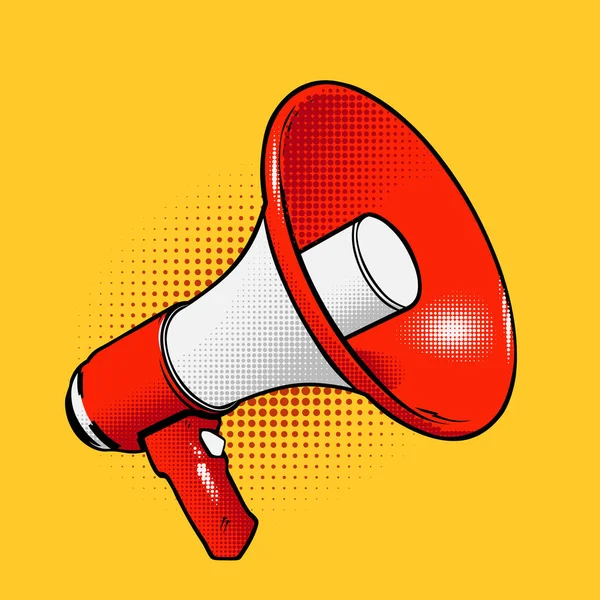 Red Megaphone Icon Comic Cartoon Style Halftones Vector Illustration Orange — Stock Vector