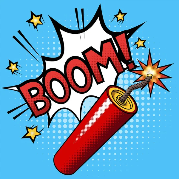 Firecracker Dinamite Stick Com Fusível Chamas Explosão Com Texto Boom —  Vetores de Stock