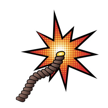 Beyaz arka planda yarım ton izole edilmiş çizgi film tarzında yanan patlayıcı. Bomba ya da dinamit çubuğu için tasarım elemanı. Vektör illüstrasyonu